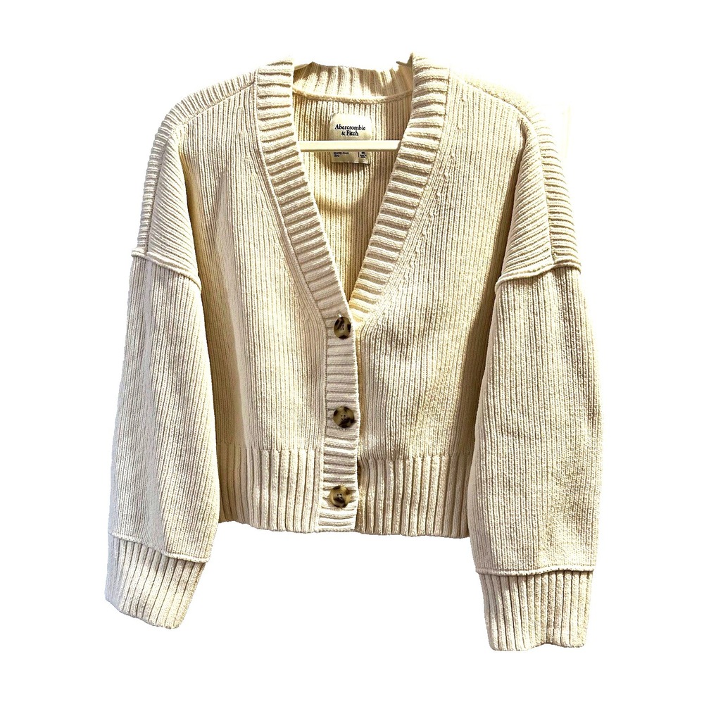 Abercrombie & Fitch Women's Medium Ivory Chenille V-Neck Button-Front Cardigan